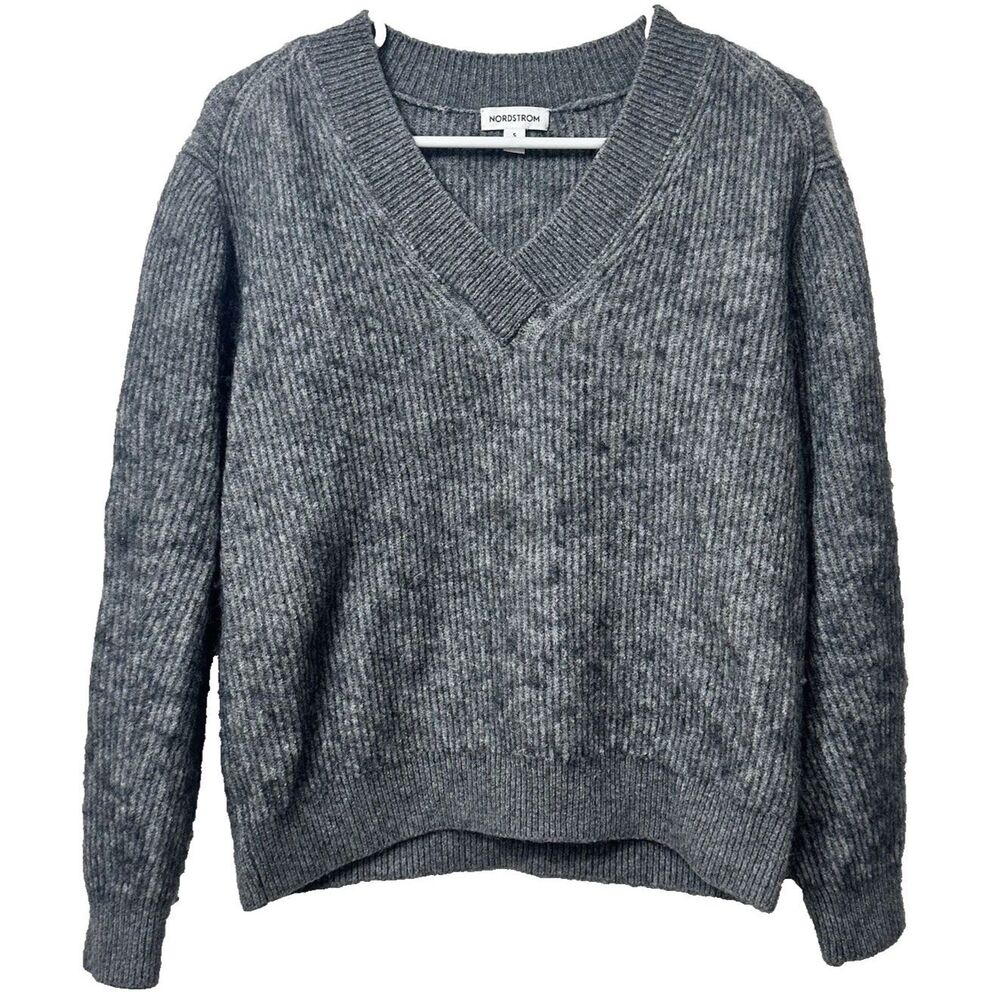 Nordstrom Women's Baby Alpaca Wool Blend V-Neck Sweater Gray Ribbed Small